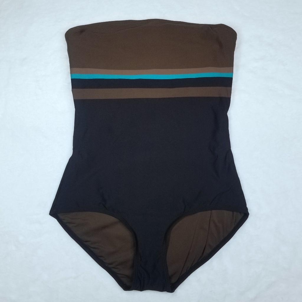 Dkny Brown Black Strapless One-Piece Swimsuit With Teal Accent